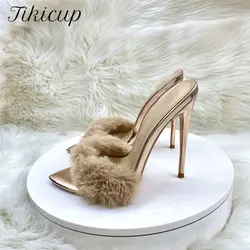 New Novelty Design 12cm Sexy Fur Gold Woman Outdoor Slipper High Heels Sandal Stilettos OL Work Ladies Party Club Dress Shoes