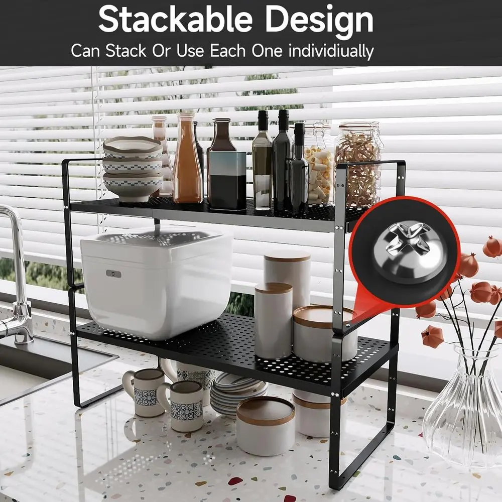 Adjustable 16.5-27 Expandable Cabinet Spice Rack, Stackable Metal Countertop Organizer for Kitchen Storage
