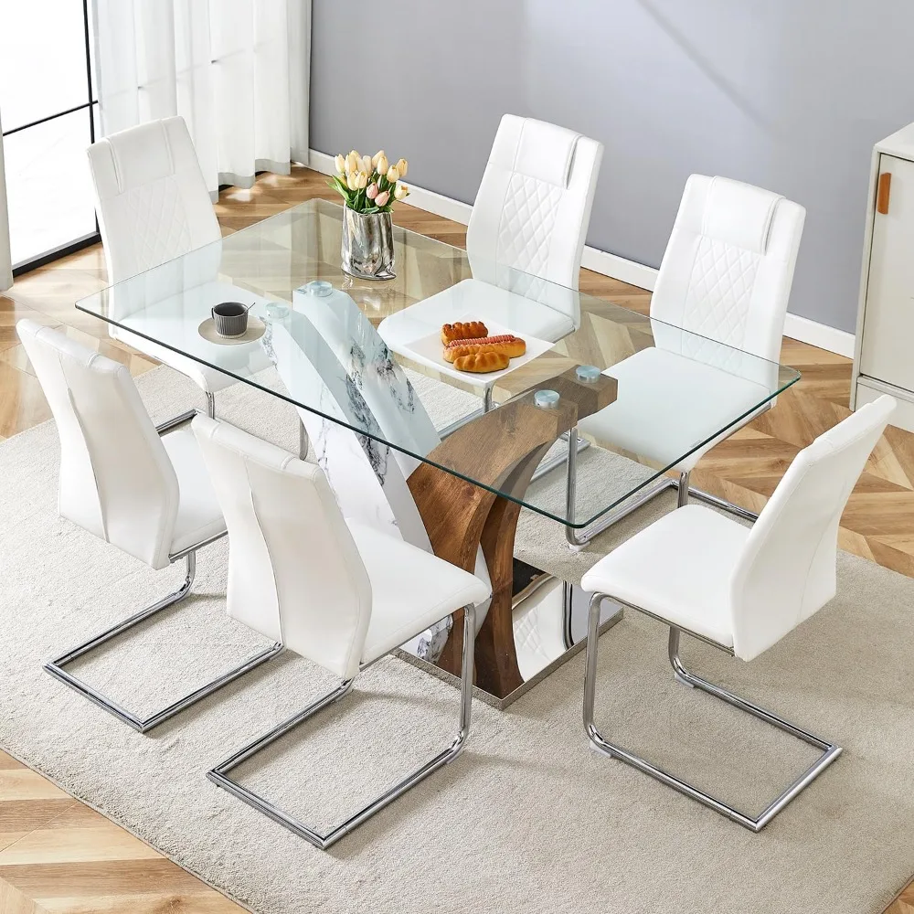 Ensemble de table à manger en verre avec pied de bricolage, table de cuisine avec 6 chaises blanches, dessus en verre du Guatemala, ensembles de table de salle à manger modernes