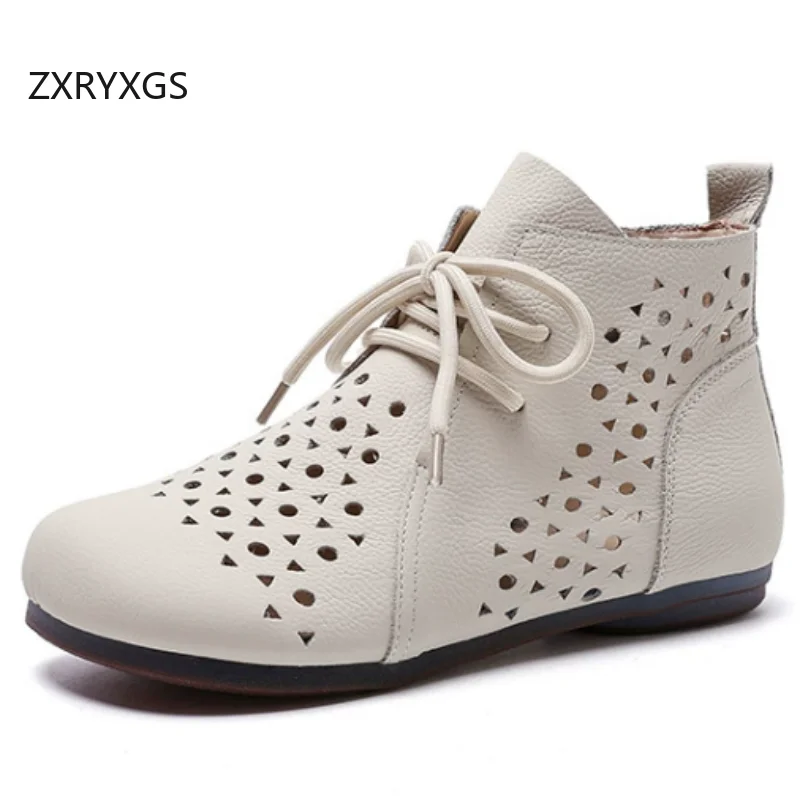 ZXRYXGS Promotion Soft Cowhide Hollow Breathable Boots Flats 2026 New Lace-up Genuine Leather Summer Boots Women Trendy Shoes
