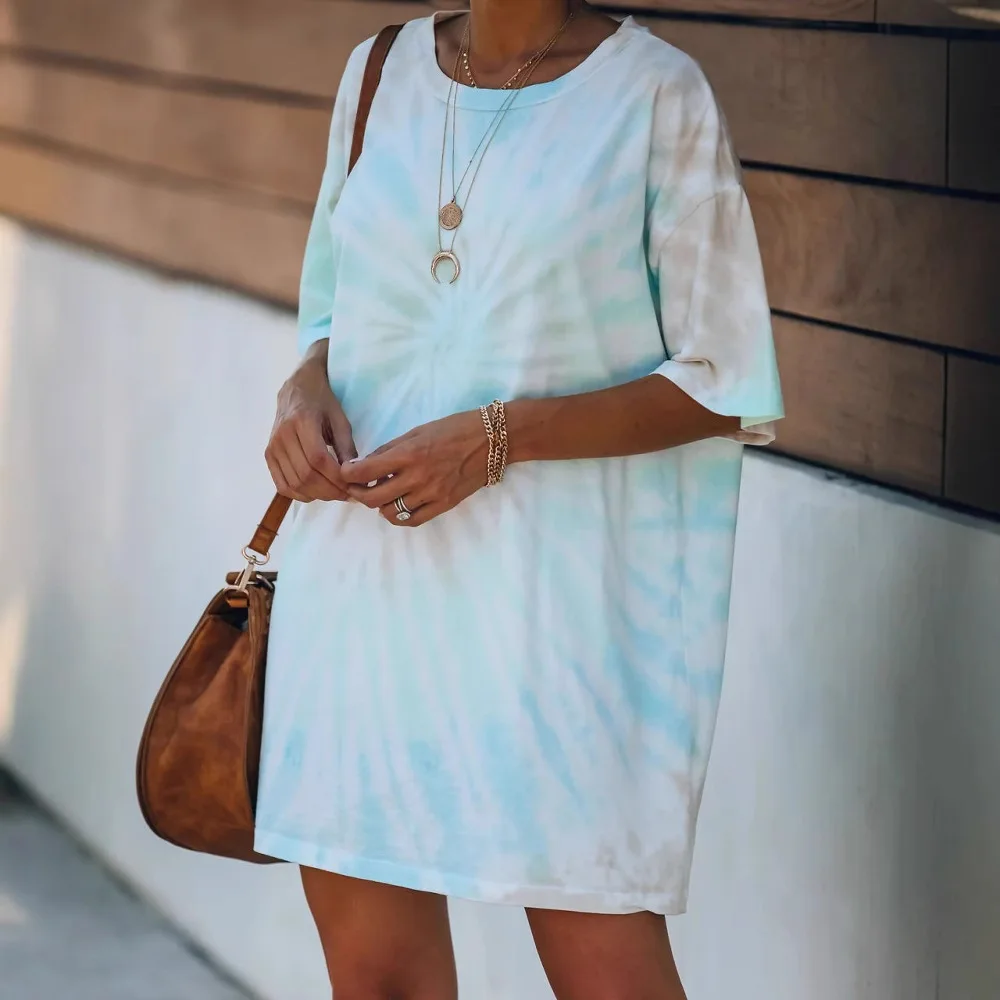 2025 Primavera/Novedad de verano Vestido largo con camiseta cómoda e informal holgada con tinte dibujo Tie 115