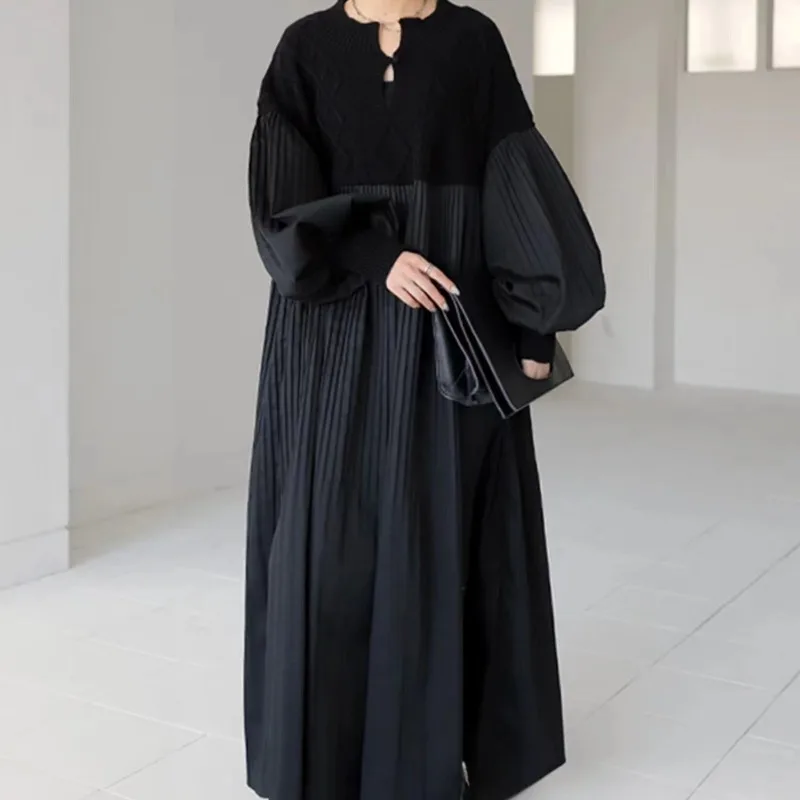 レトロな大きいサイズのダイヤモンド柄セータードレス、ランタンスリーブロングスカート、ハイウエストAラインガウン、女性用秋冬