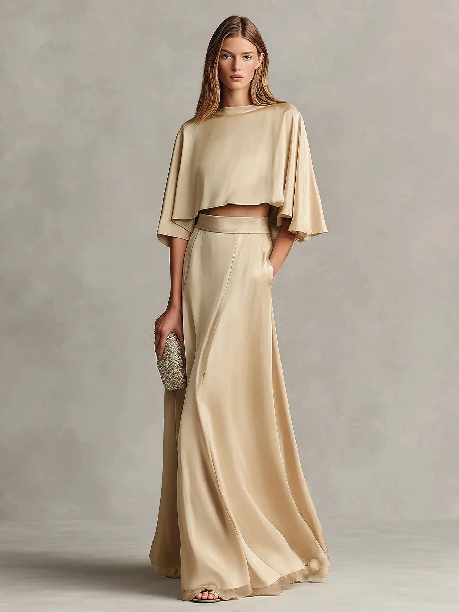 MsChuh Women's Matching Sets Satin Cape Sleeve Crop Top High Waist Flowy Maxi Skirt Chic Solid Color Formal Evening Party Outfit