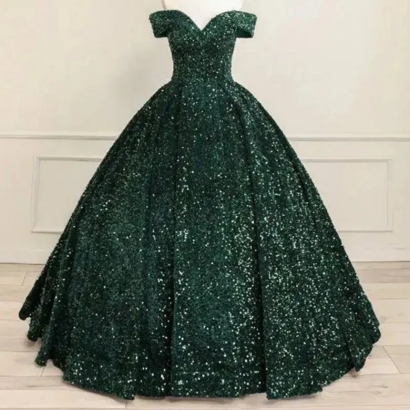 Off-Shoulder Ball Gown Quinceanera Dresses Vestidos De 15 Anos Sparkly Sequined Princess Birthday Party Customized