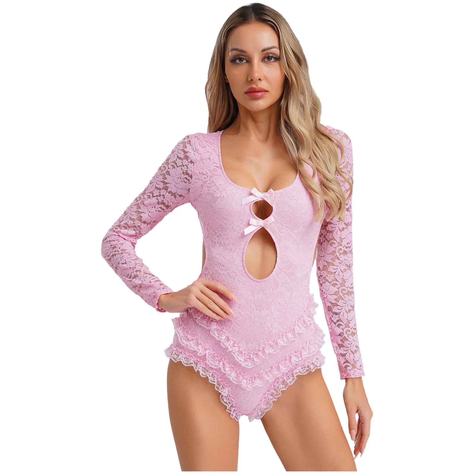 

Женское кружевное белье с цветочным принтом, боди Babydoll с длинными рукавами, многоуровневый комбинезон с рюшами и бантами, сексуальная ночная рубашка для свиданий, Клубная одежда