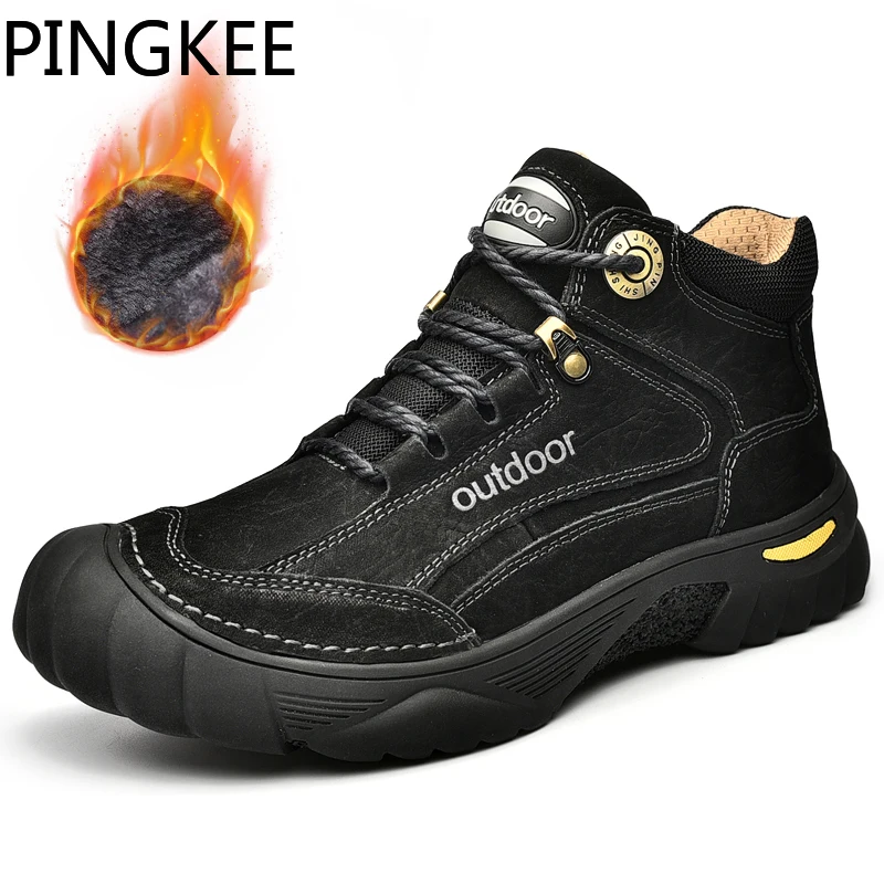 PINGKEE Leather Comfort Mesh Upper Thermal Faux Fur Men Casual Shoes Trekking Sneakers For Men\'s Winter Snow Hiking Boots