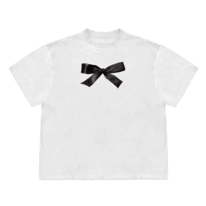 

Модные женские футболки с черным бантом и графическим принтом, осенние Harajuku Kawaii, повседневная уличная одежда с короткими рукавами и круглым вырезом, женская одежда