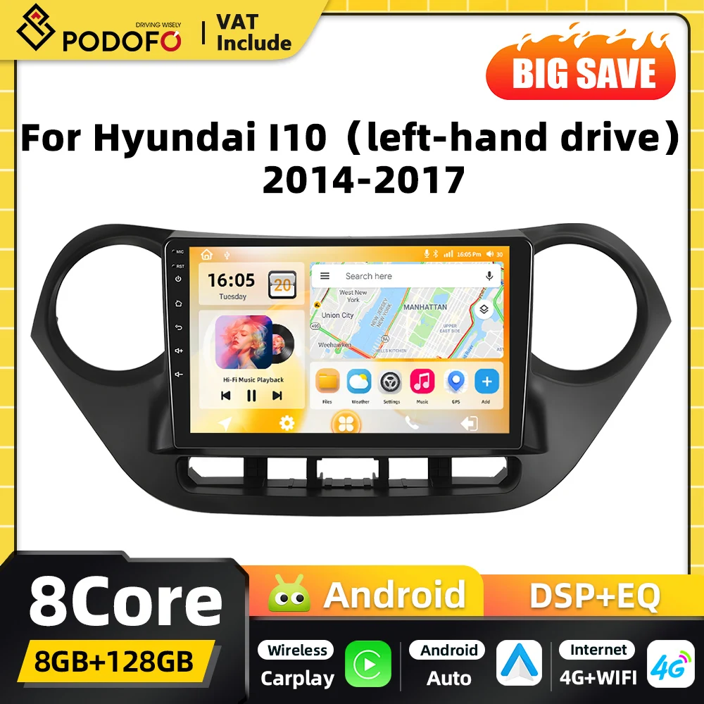 Autoradio Android Podofo Snapdragon Carplay 2DIN pour Hyundai I10 2014 2015-2017, Navigation GPS, Lecteur Multimédia, WIFI, FM, RDS, EQ