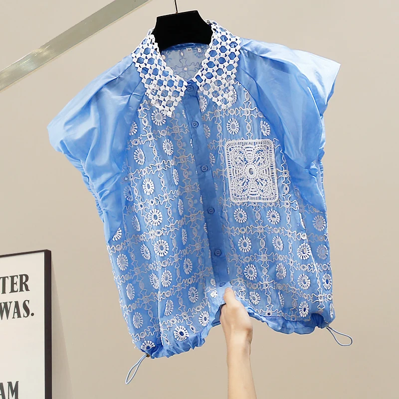 

Korean Sle Faionable Embroidered Heavy Work Dstring irt Design Loose Versatile Svel Top Trendy Collar