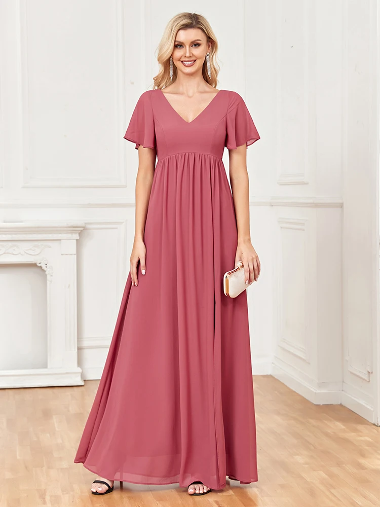 2023 Nieuwe Lente Zomer Chiffon Avondjurken Dubbele V-hals A-lijn Wedding Party Bruidsmeisje Dress Side Slit Floor Lengte Jurk