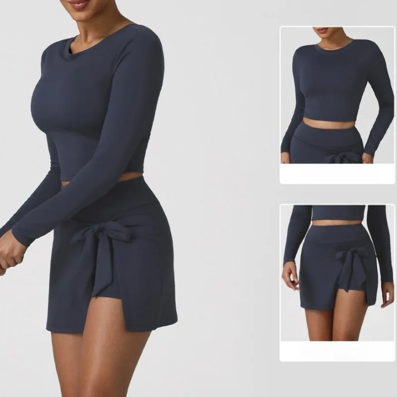 

Bare Feel Yoga Set for Women Tennis Skirt Long Sleeve Top Gym Fitness Running Outfits Seamless Sports Wear 2 Piece