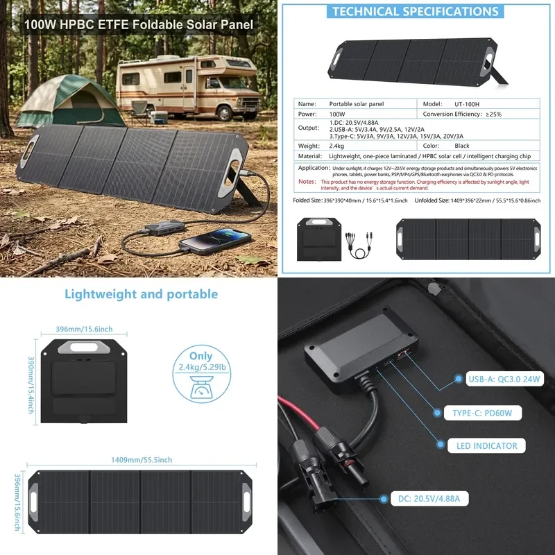 100W HPBC ETFE Portable Foldable Solar Panel Charger with USB QC24W PD65W 12V for Camping Van Life Outdoor Waterproof