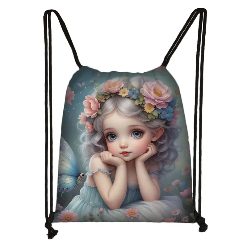 Fantasy Fairy Elf Pattern Drawstring Bag Cartoon Mushroo Backpacks Women Bookbag for Travel Storage Bags Shoes Holder