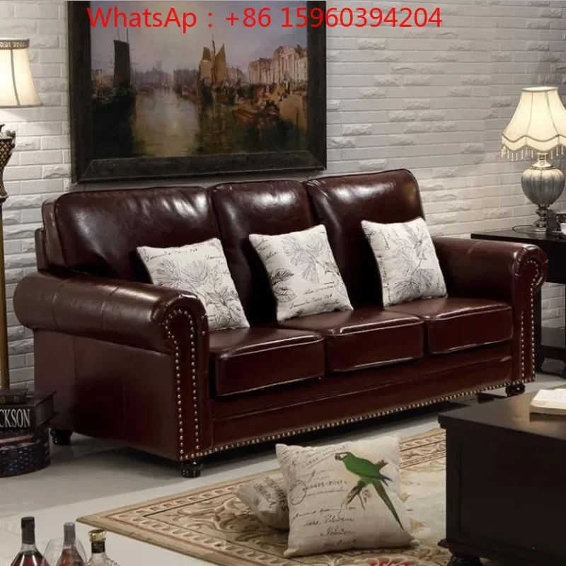 Simple modern retro American leather sofa combination living room three-digit leather art small apartment first-floor cowhide