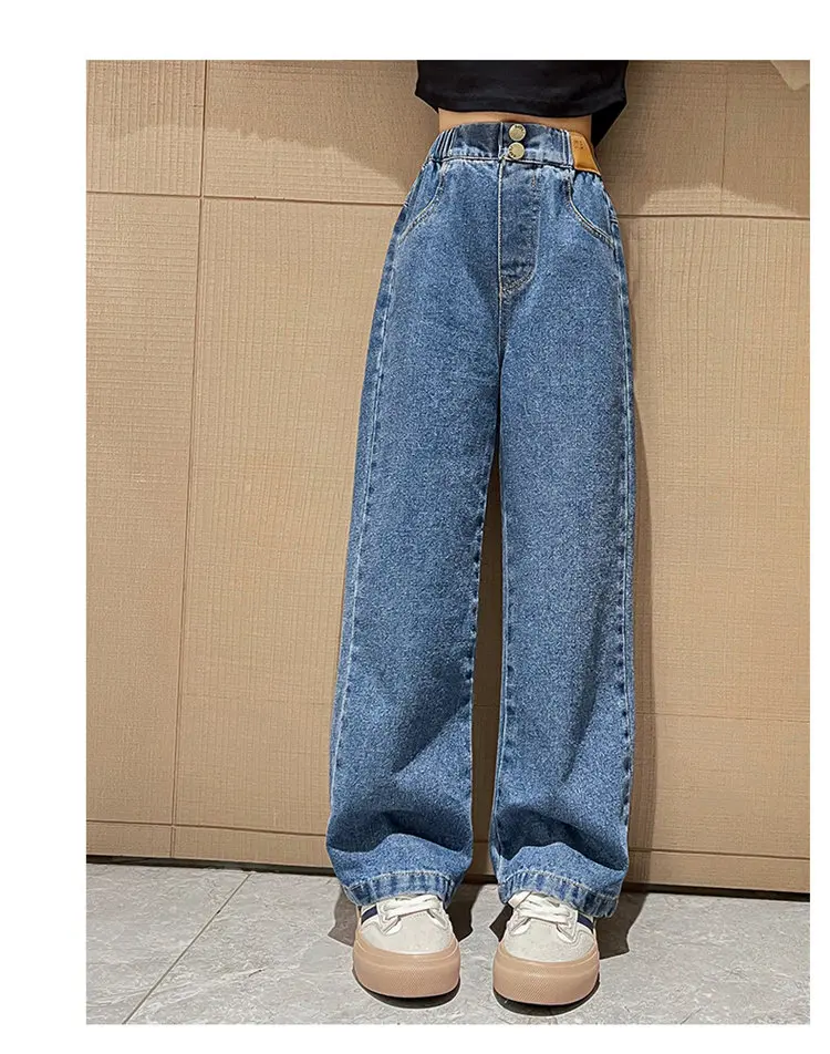 Retro-Isolierte Jeans für Teenager-Mädchen, Herbst-Winter, Lässige Mode, Kinder Weite Gerade Denim-Hosen, Warme Schulhosen für Kinder – Detail 2