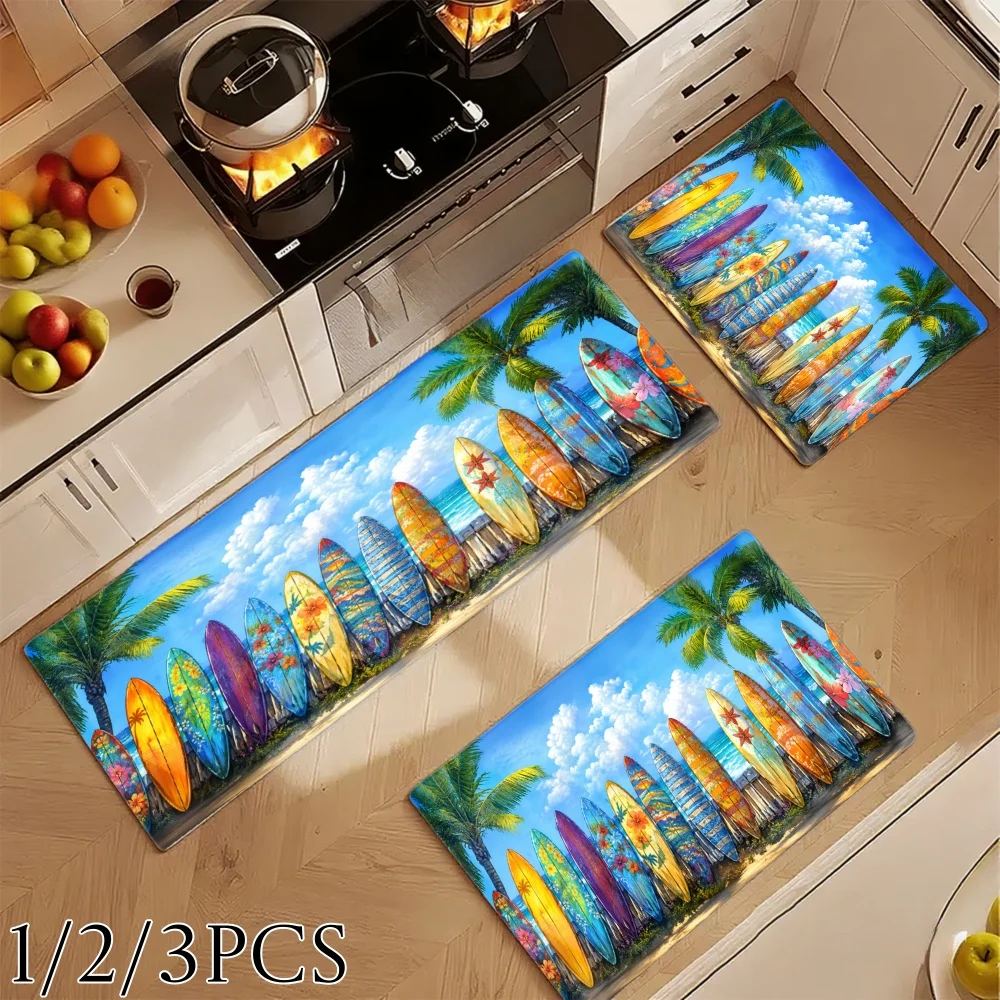 3PCS Kitchen Rugs,Home Decoration for Front Door, Kitchen, Bathroom, Tropical Beach Surfboards Palm Trees Sky Clouds Dining Mat