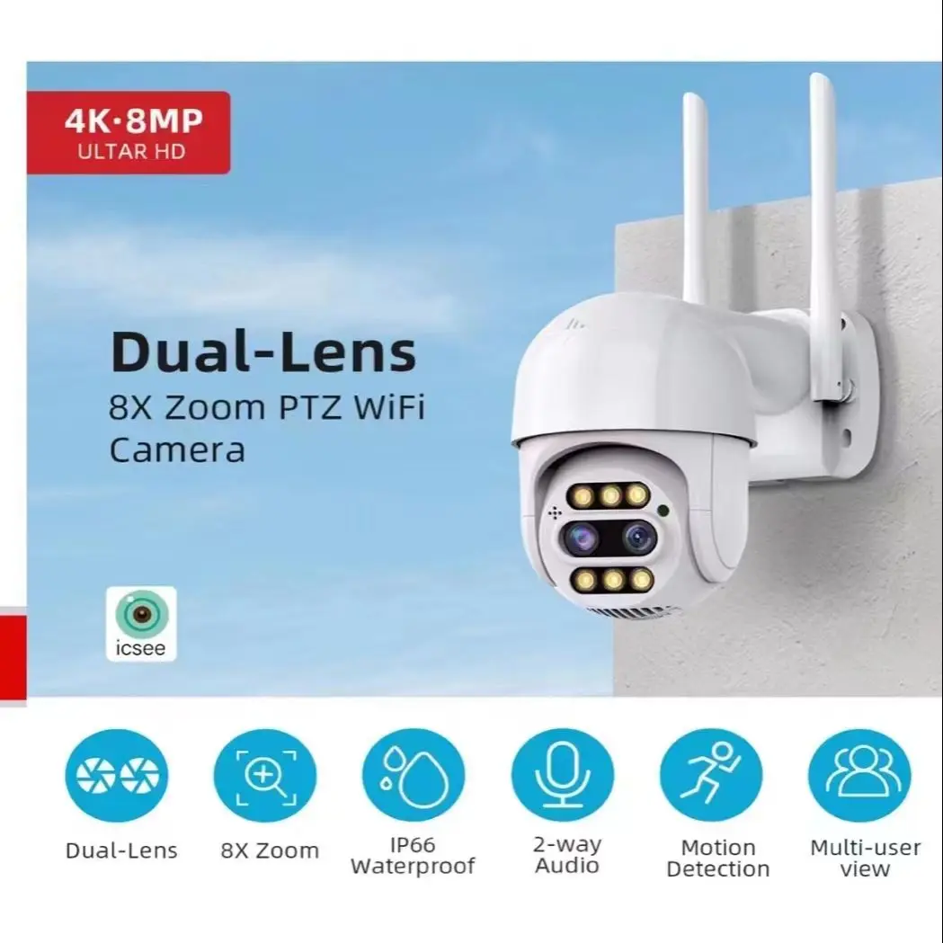 

4MP iCsee APP 180 Degree 8x Zoom Dual Lens IP Camera Full Color Night Vision AI Humanoid Detection Home Security CCTV Monitor