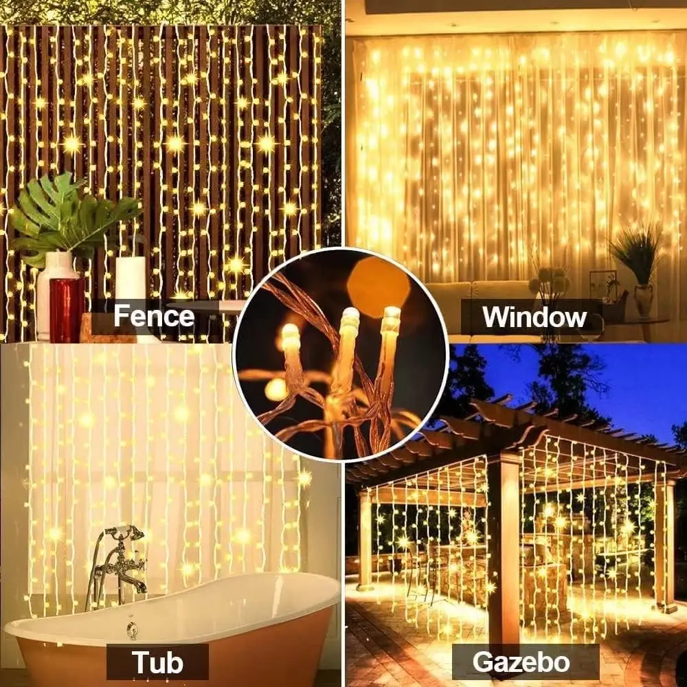 2 Pack Solar Curtain Lights, 300 LED 8 Modes Waterproof Solar Waterfall Fairy String Light decor for Patio Garden Party Wedding