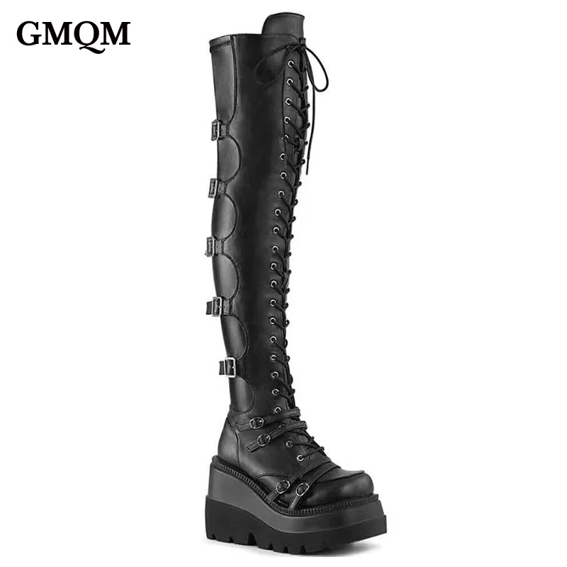 GMQM Platform Fashion Women‘s Over The Knee Boots New Platform High Heels Lace-Up Sexy Punk Style Long Boots Knee High Boots