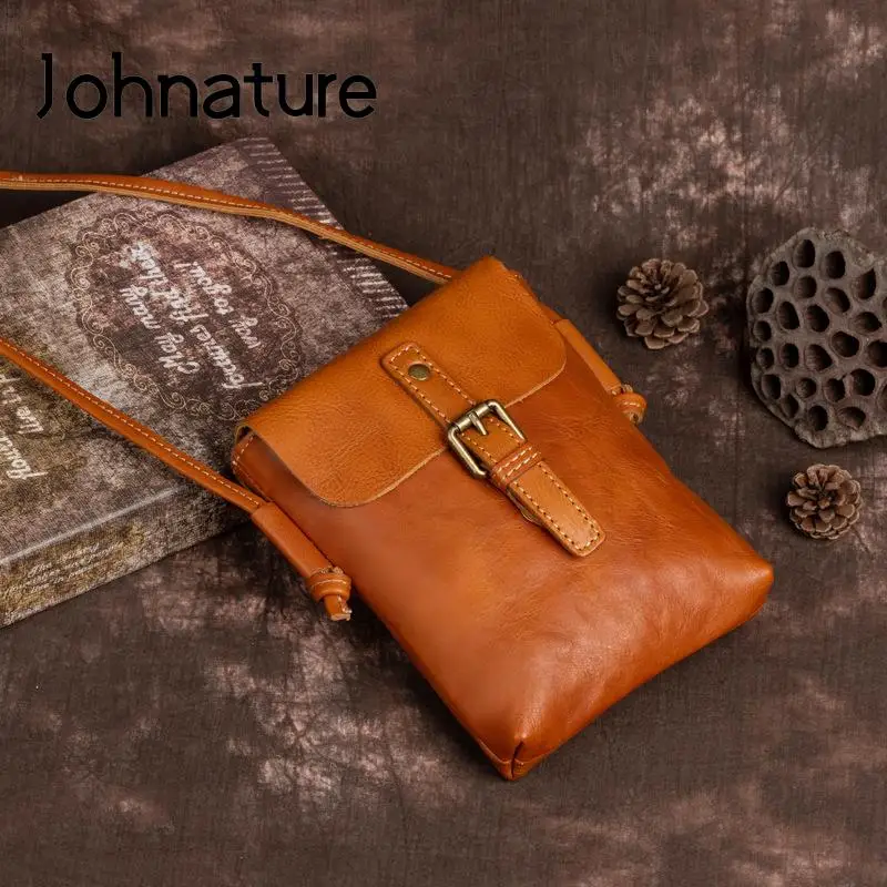 Johnature Simple Genuine Leather Small Women Shoulder Bags Natural Soft Cowhide Solid Color Versatile Mobile Phone Crossbody Bag