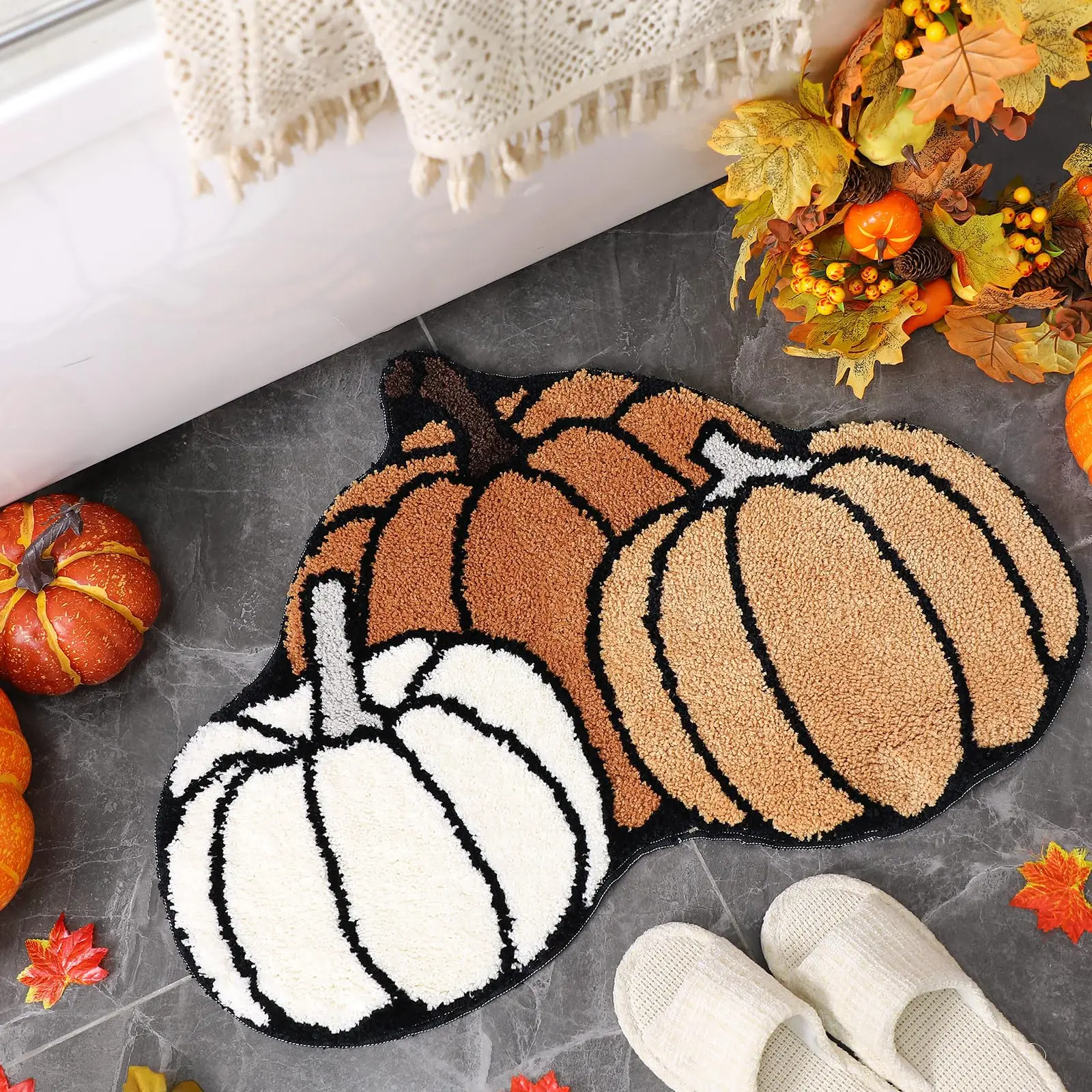Vikama Fall Pumpkin Bathroom Rug Thanksgiving Day Door Mat Funny Pumpkin Shape Non Slip Washable Bath Mat Home Entrance Decor