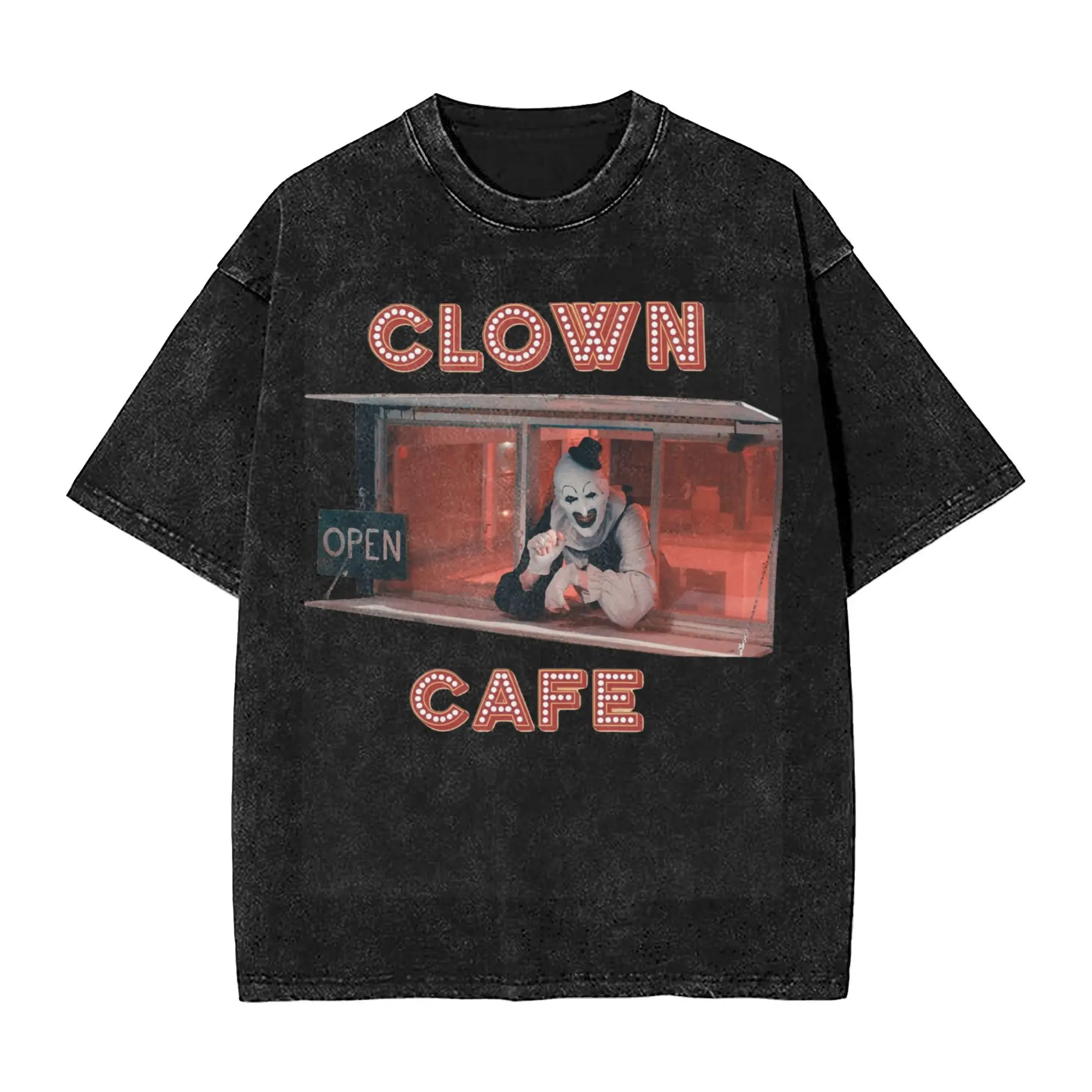 

Terrifier Clown Cafe Washed T Shirts Streetwear Hip Hop Vintage T-Shirts Horror Art Halloween Film Tees Men Women Street Summer