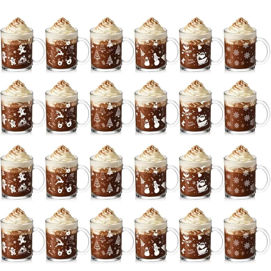 

24 Pcs Christmas Glass Mugs Set 12 oz Christmas Coffee Mugs with Handle Snowman Snowflake Coffee Cup Xmas Tree Santa Claus Cup f