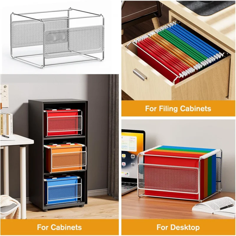 Hanging File Folder Organizer, Metal Mesh Desk Storage Letter Size Files, Filing Crate Frame Office, Home, School, Silv