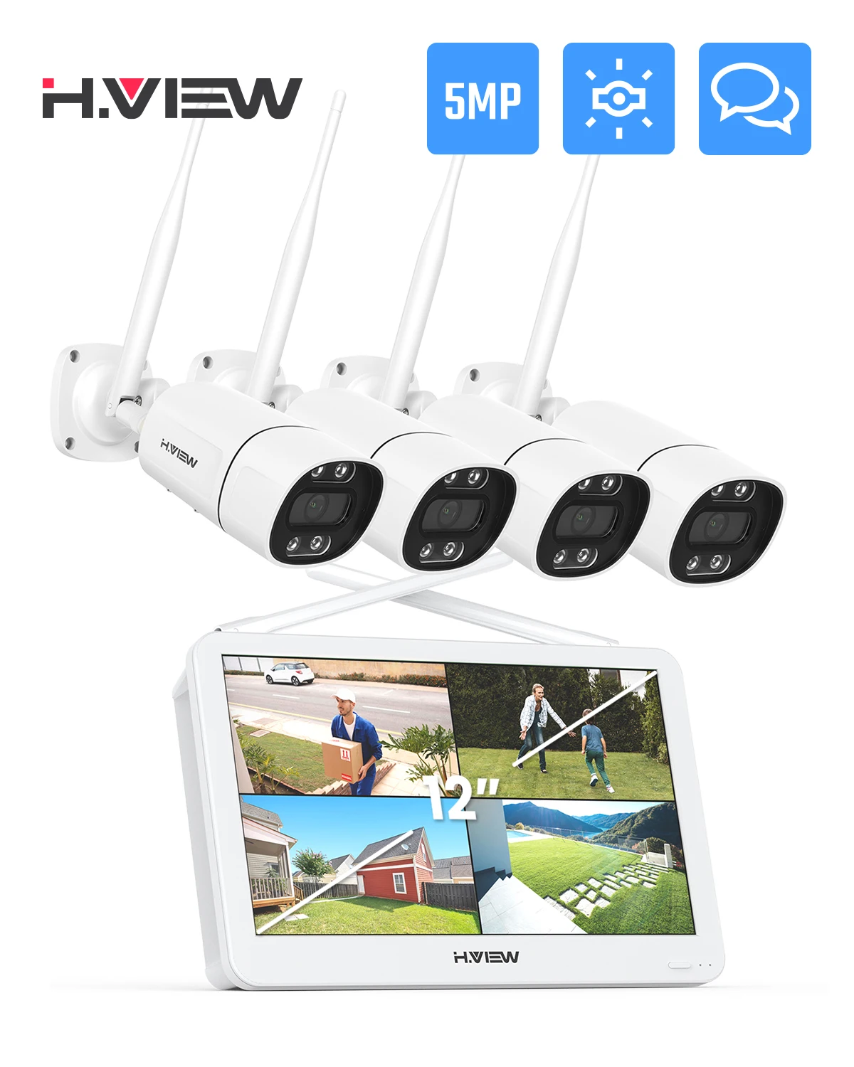 H.VIEW 3MP 5MP WiFi Security Camera Two-Way Audio System Kit Wireless CCTV System NVR with 12\