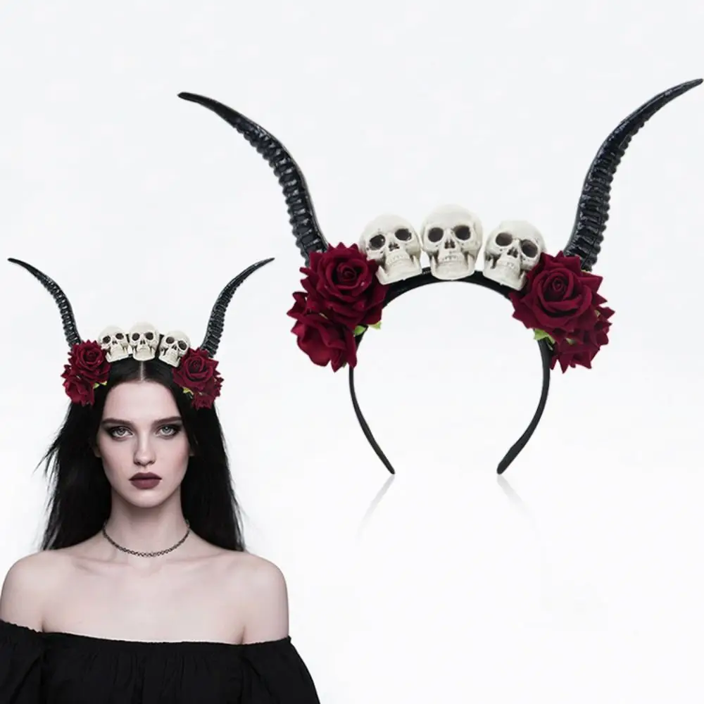

Flower Crown Halloween Ox Horns Headband Skull Flowers Design Sheep Horn Hairband Gothic Style Fashion Red Rose Headband Cosplay