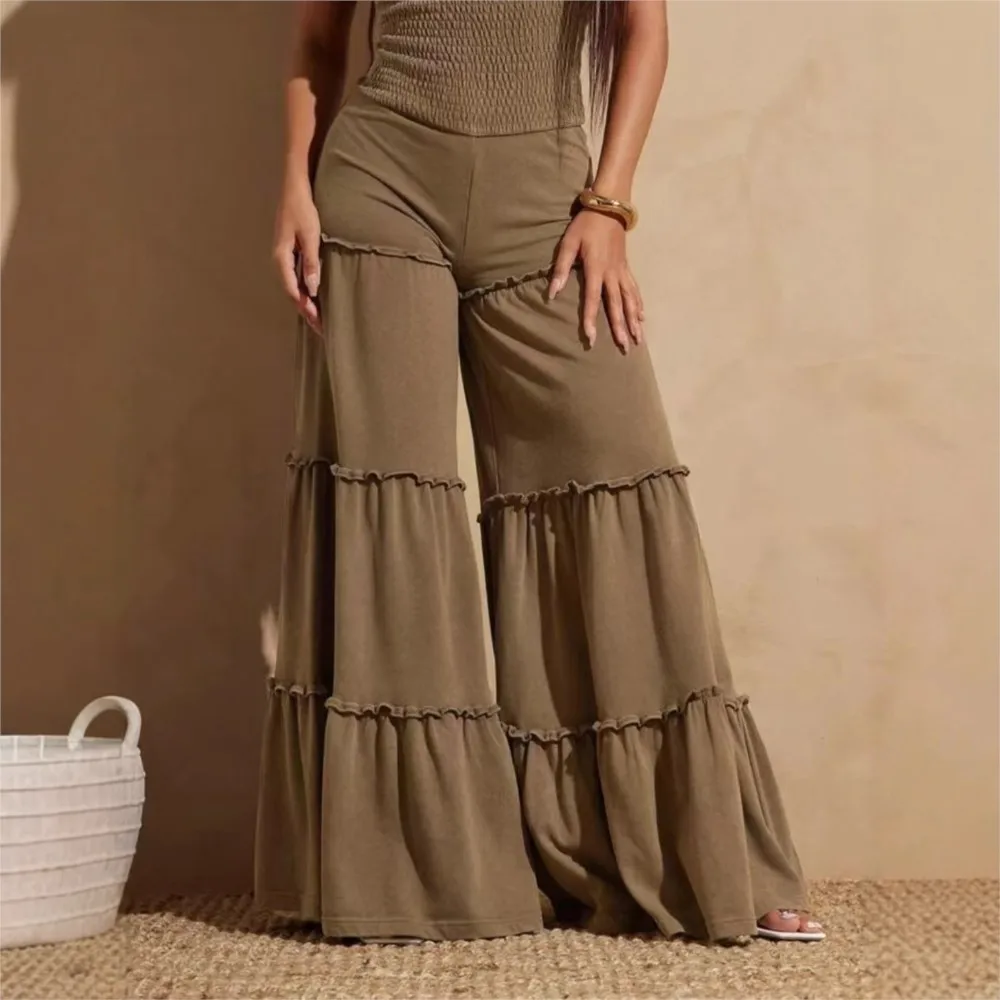 Dwuczęściowy zestaw: top tuba z wysokim stanem i spodnie w kształcie litery A, wyszczuplający, casualowy, na wiosnę i jesień, zestawy spodni, Conjuntos De Mujer