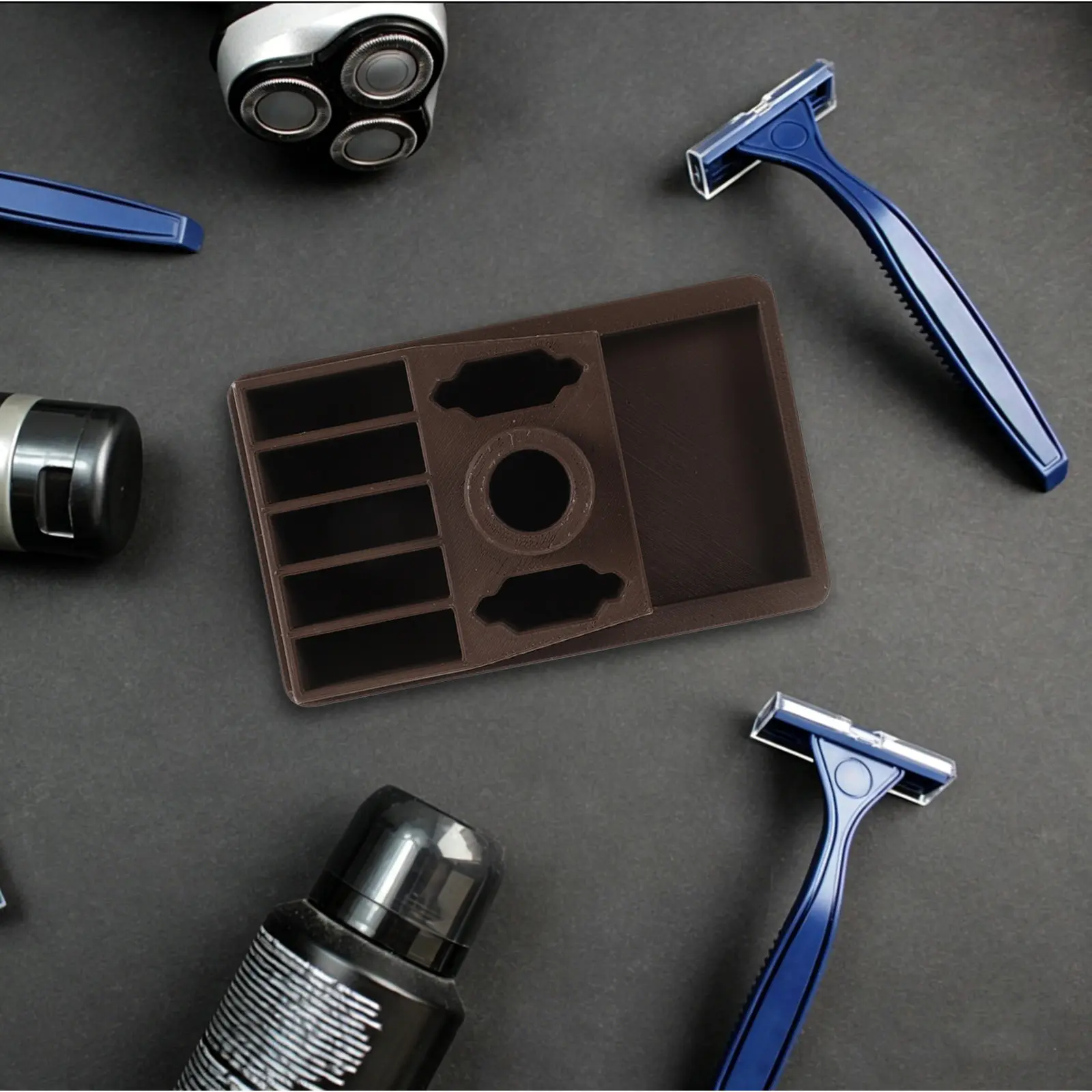 Brown Rack Plastic Shaving Tool Organizer Bathroom Storage Includes Blade Disposal Case Beard Kit Blade Disposal Container