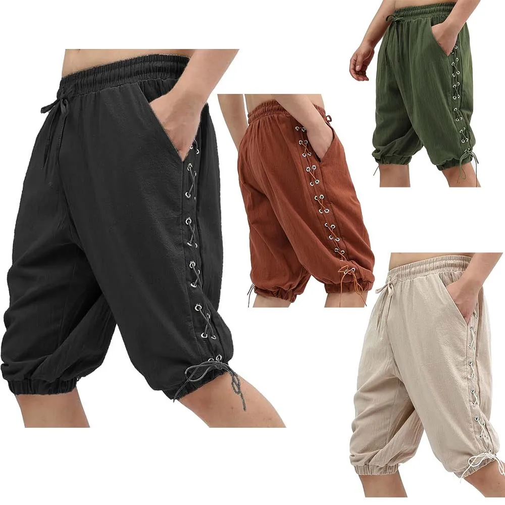 Pantalones medievales disfraz de pirata vikingo para hombres y mujeres pantalones cortos de pirata pantalones con cordones pantalones renacentistas marrón negro de talla grande Hallo