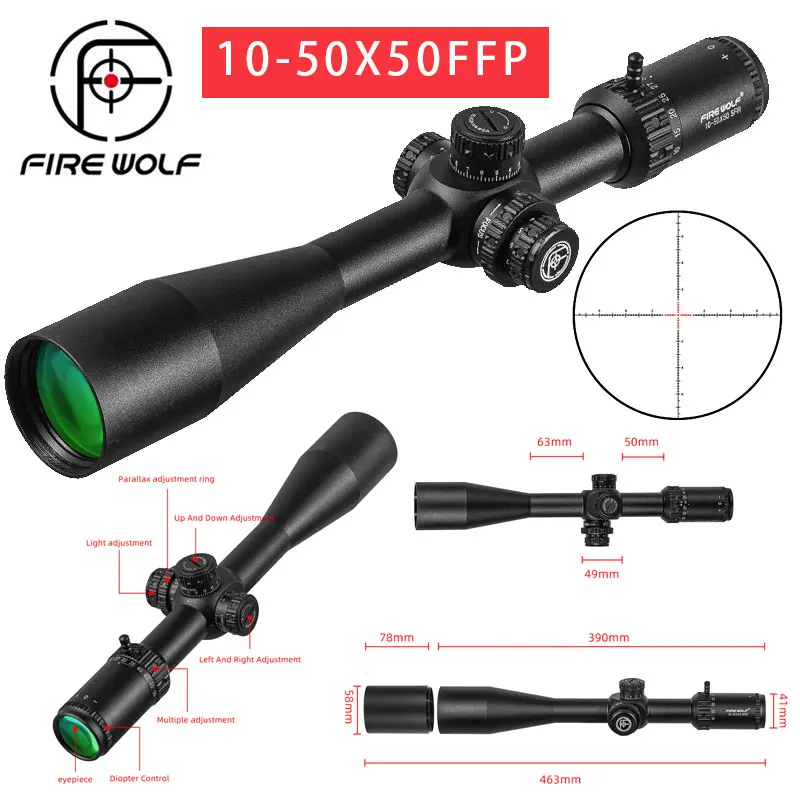 

FIRE WOLF 10-50X50 SFIR Hunting Scope Glass Red Illumination Reticle Side Parallax Turret Lock Reset