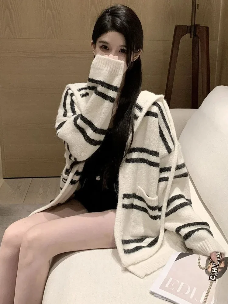 

Korean College Sle Autumn New Ins Striped Hooded Knitted Open Cardigan Thin Long Sve Mid-Length Sweater Jaet