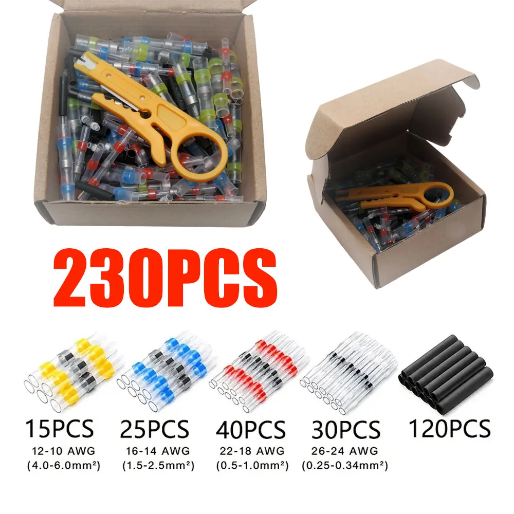 230-Piece Set of Heat-Shrink Terminals Heat-Shrink Tubing Heating Tubes and Solder Tubes—5 Color Combinations 5 Terminal Sizes—I