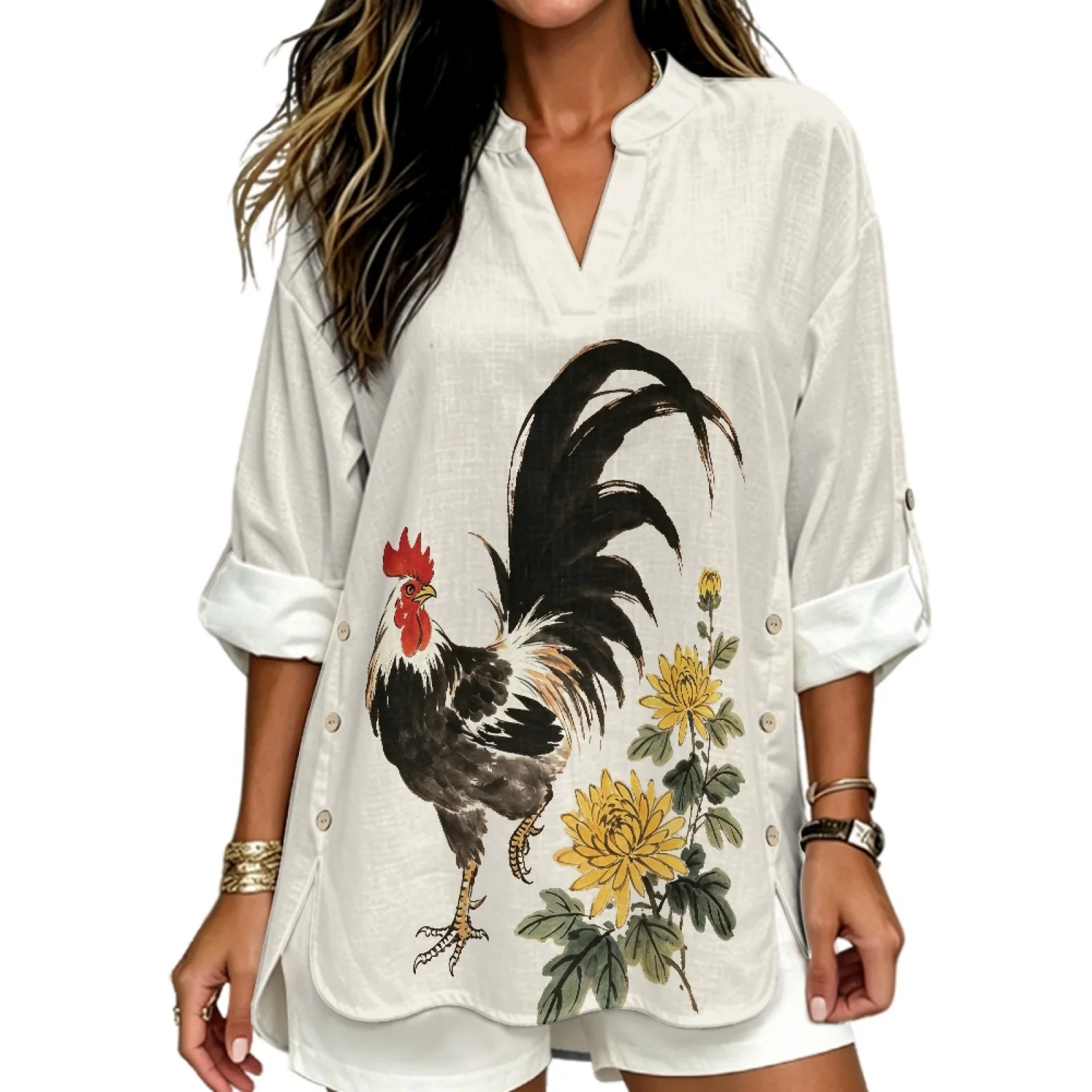PENSTROLL Ink Rooster Floral Long Sleeve V Neck Blouse, Linen Like Notch V Neck Blouse, Sizes S-5XL Top for Women Everyday Wear