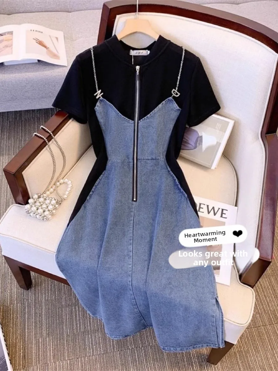 

Summer plus Size Women's Dress Denim Patchwork Zipper Design Slimming Waistline Concealing Fashionable Ensemble