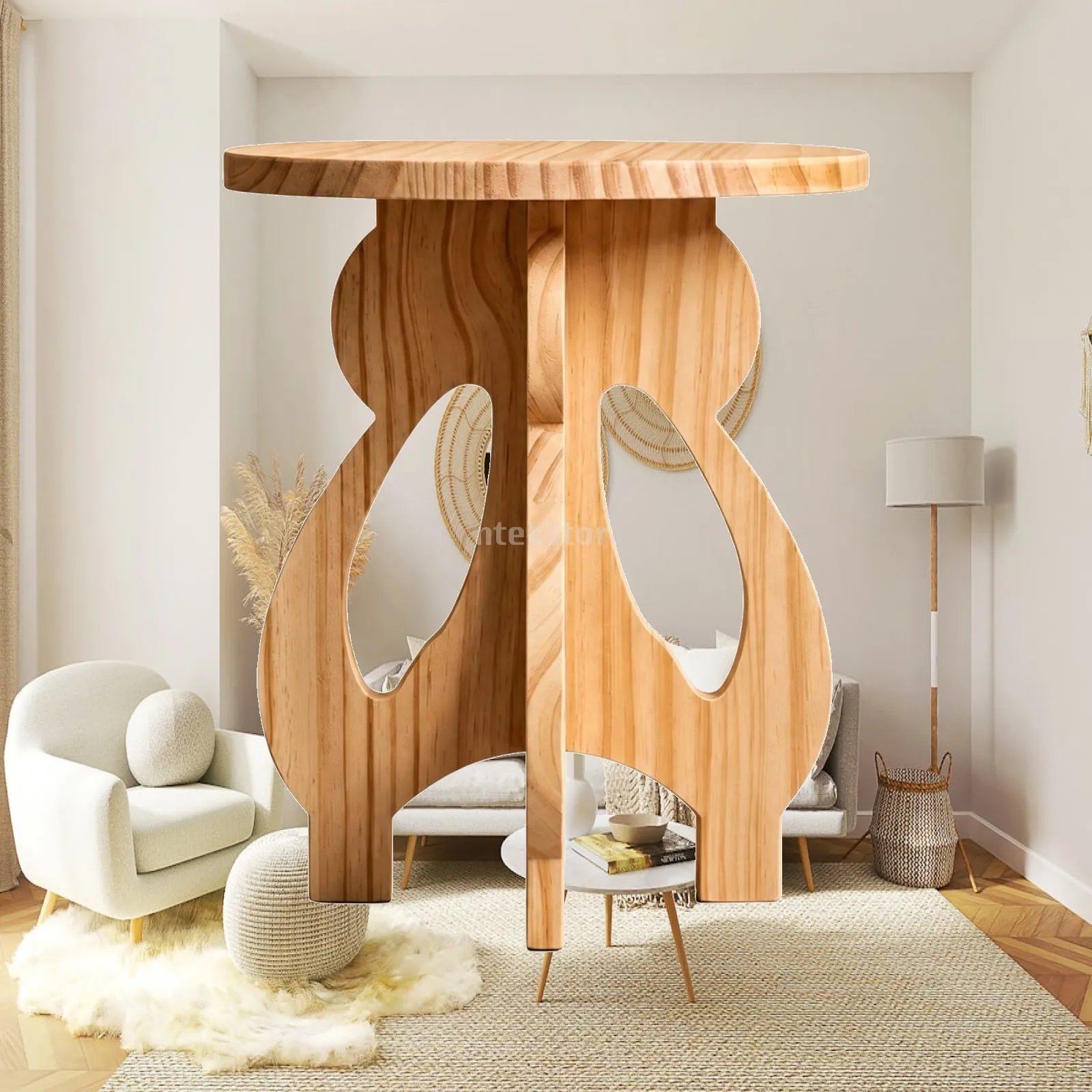 Wood Stool for Occasional Perch in Bedroom Compact 30cm Height with Flat for seat and Curved Legs