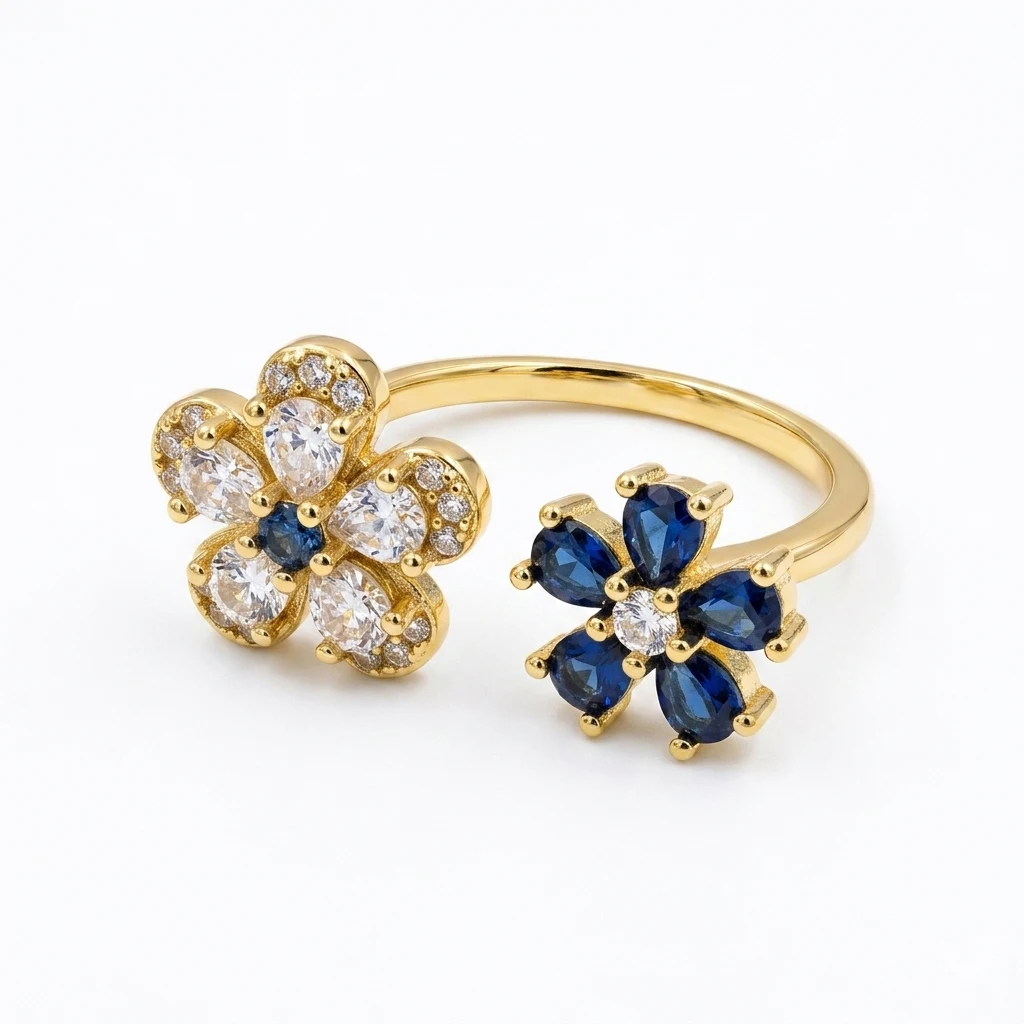 Adjustable Size Dual-Tone Flower Open Ring for Women with Cubic Zirconia Embedding Suitable for Daily And Party Wear Gift Option
