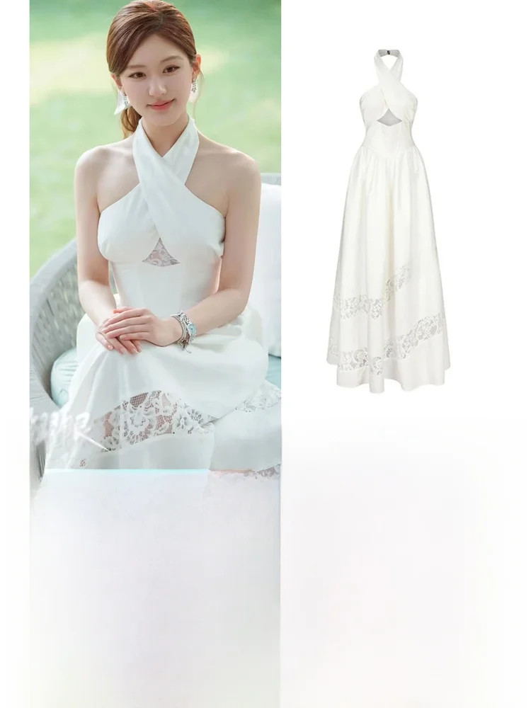 

Stunning Cross Hollow out White Neck Hanging Long Dress Women's Summer High Waist Fashion Sensation Elegant Gown