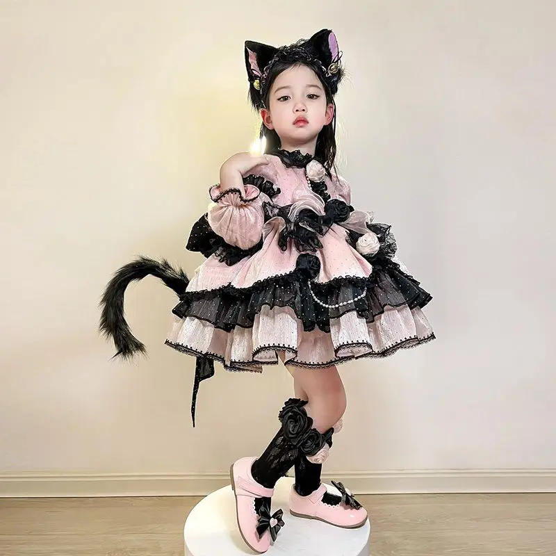 Winter Autumn Girls Spanish Lolita Princess Lace Pink Ball Gown Sweet Cute Cat Birthday Kids  Party Easter Eid Mesh Dresses