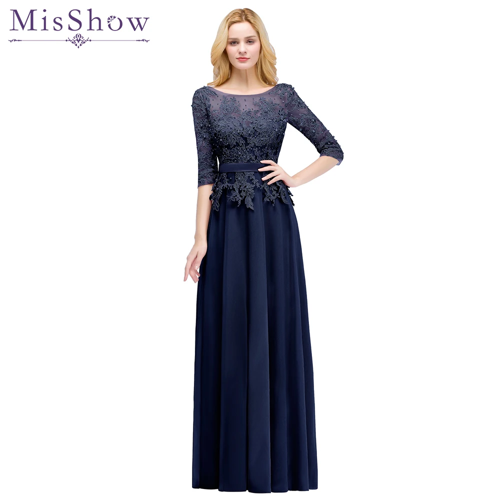 MisShow Navy Blue Mother of The bride Dresses Modest Lace 3/4 Sleeve Chiffon Long Banquet Evening Formal Gowns Robe De Soiree