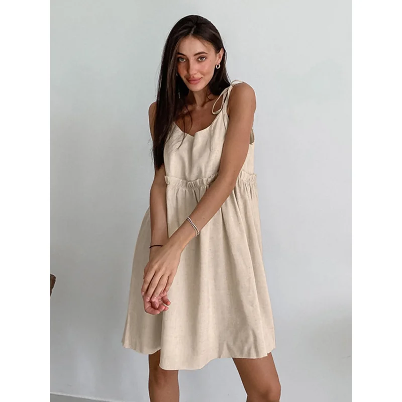 FB-Brown فستان كتان قطن Women2025صيف جديد عطلة نمط فضفاض حزام DressAWord تنورة