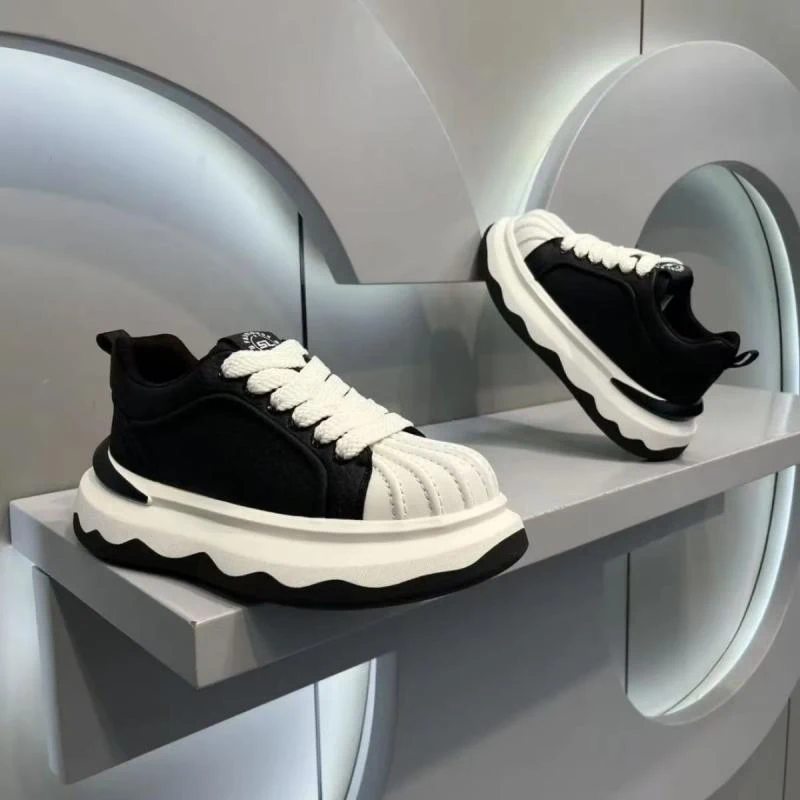 

Retro shell toe thick soled dad shoes with black and white contrasting color, simple style, lightweight, soft sole, comfortable