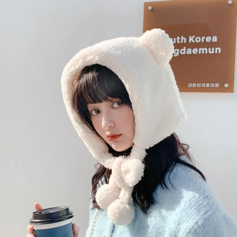 Cute Plush Bear Ears Beanies Women Autumn Winter Warm Hat Earflap Earmuff Windproof Cap Thicken Wool Outdoor Solid Fleece Hats