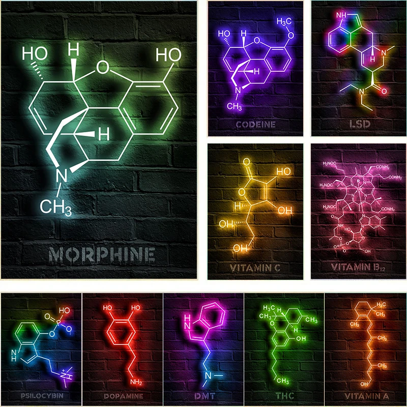 

Chemistry Neon Molecules Posters Canvas Painting Medicines Modern Wall Art Picture For Living Room Home Decoration