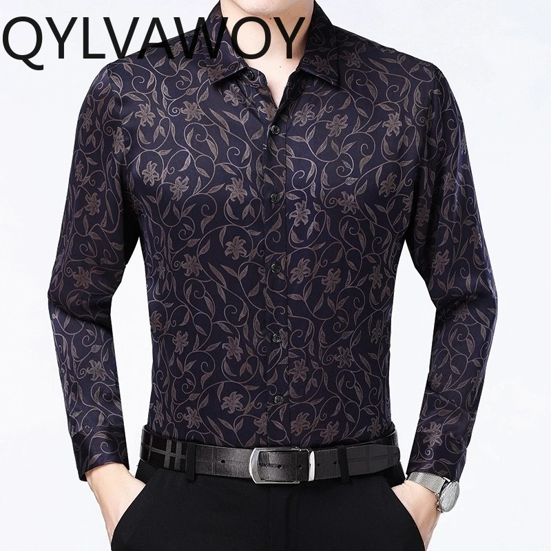 QYLVAWOY Spring Summer Long Sleeve Shirt 92.5% Mulberry Silk Men's Shirts High-end Printed Man Shirt Stylish Tops Chemise Hommes