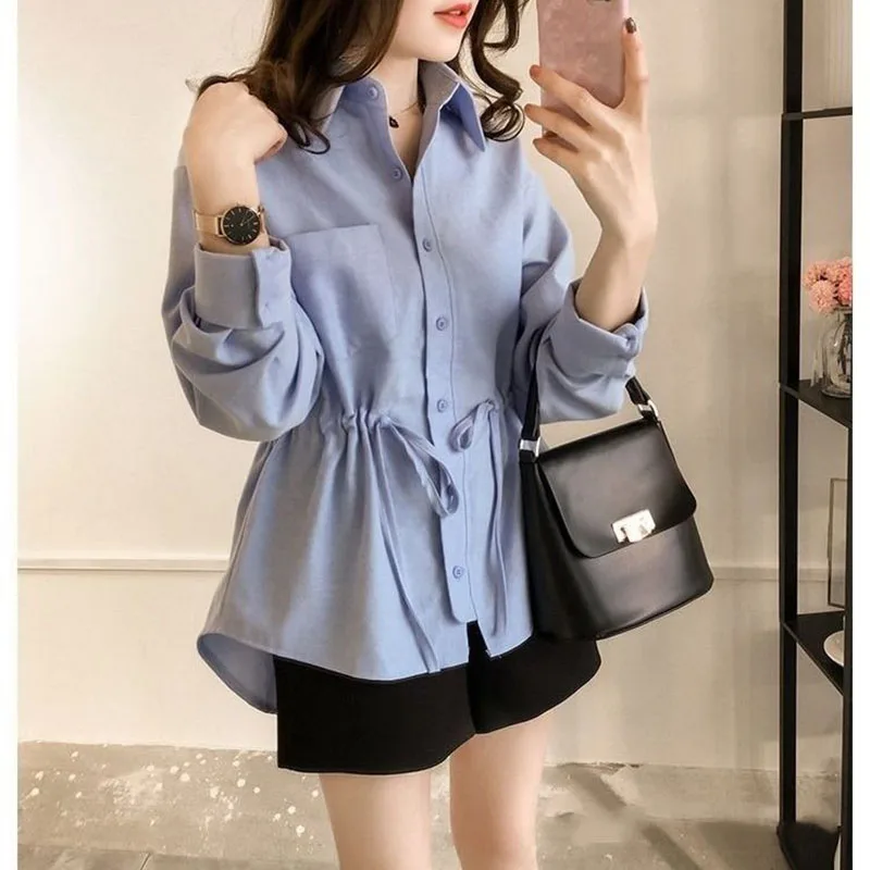 Fashion Lapel Spliced Bandage Irregular Blouse Women\'s Clothing 2023 Spring New Oversized Casual Tops All-match Korean Shirt