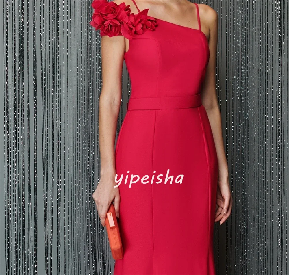Customized Jersey Flower Ruched Graduation A-line Square Neck Bespoke Occasion Gown Long Dresses